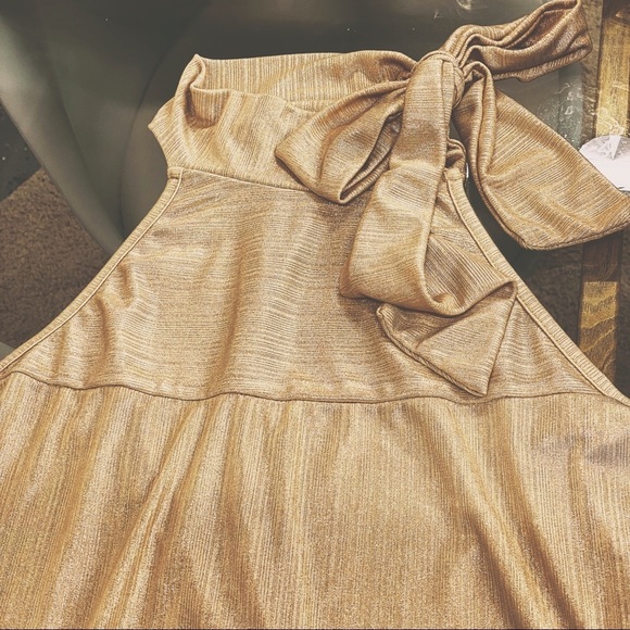 D*N*T Mock turtle neck with tie halter A-Line dressy ribbed gold top/tunic - Picture 4 of 10